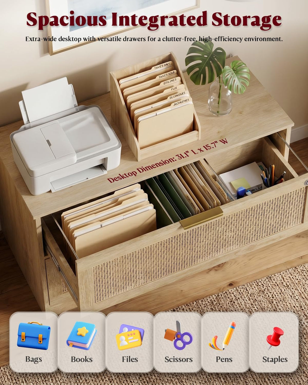 HOPUBUY 2 Drawer File Cabinet with Lock, Printer Stand Lateral Home Office and School, Wood Rattan Filing Cabinet for Hanging Files/Letter/Legal/A4/F4 Size,Natural