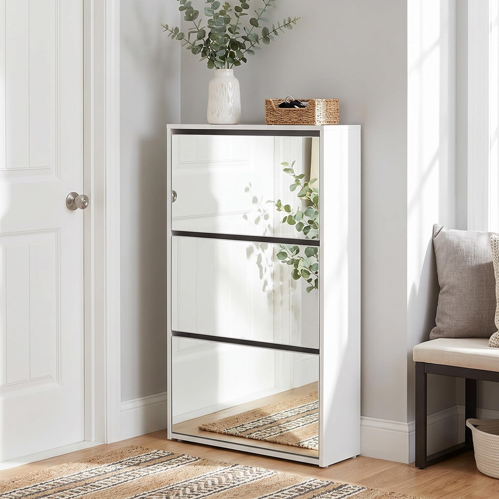 HOPUBUY Shoe Cabinet for Entryway, Narrow Shoe Storage with 3 Flip Drawers Wood Slim Shoe Rack, 3 Tier Thin Shoe Organizer for Home and Apartment, Mirror