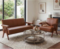 Mid Century Modern Brown Faux Leather Living Room Furniture Set of 2 AODAILIHB Solid Wood Frame Upholstered Office Couch & Accent Chair With Wooden Arm For Waiting Room,Bedroom,Dorm,Classroom