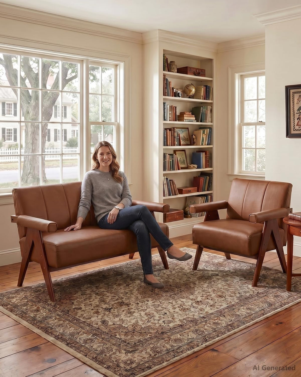 Mid Century Modern Brown Faux Leather Living Room Furniture Set of 2 AODAILIHB Solid Wood Frame Upholstered Office Couch & Accent Chair With Wooden Arm For Waiting Room,Bedroom,Dorm,Classroom