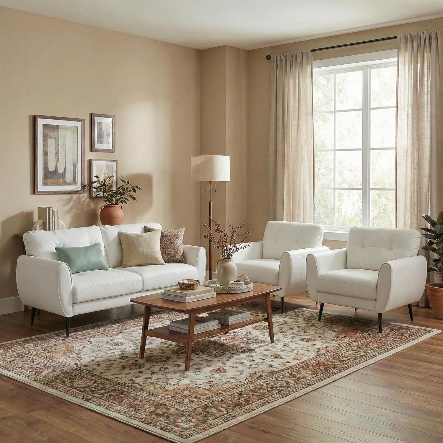 TYBOATLE 3 Piece Furniture Sets, Small Loveseat for Living Room, White Faux Leather Couch Mid Century Modern Tufted Mini Sofa Comfy Office 2 Seat Love Seat for Small Spaces Bedroom
