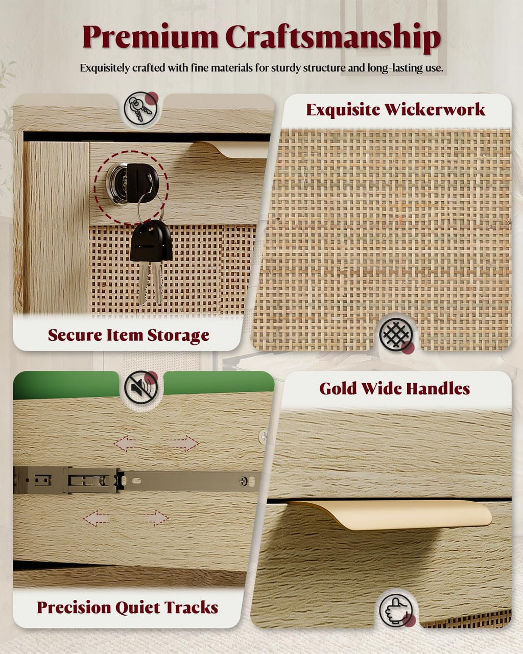 HOPUBUY 2 Drawer File Cabinet with Lock, Printer Stand Lateral Home Office and School, Wood Rattan Filing Cabinet for Hanging Files/Letter/Legal/A4/F4 Size,Natural