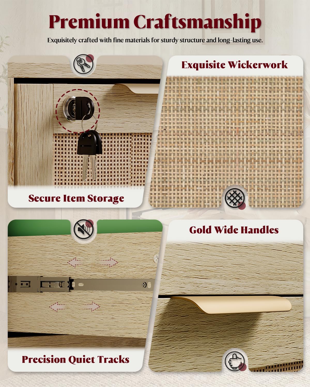HOPUBUY 2 Drawer File Cabinet with Lock, Printer Stand Lateral Home Office and School, Wood Rattan Filing Cabinet for Hanging Files/Letter/Legal/A4/F4 Size,Natural