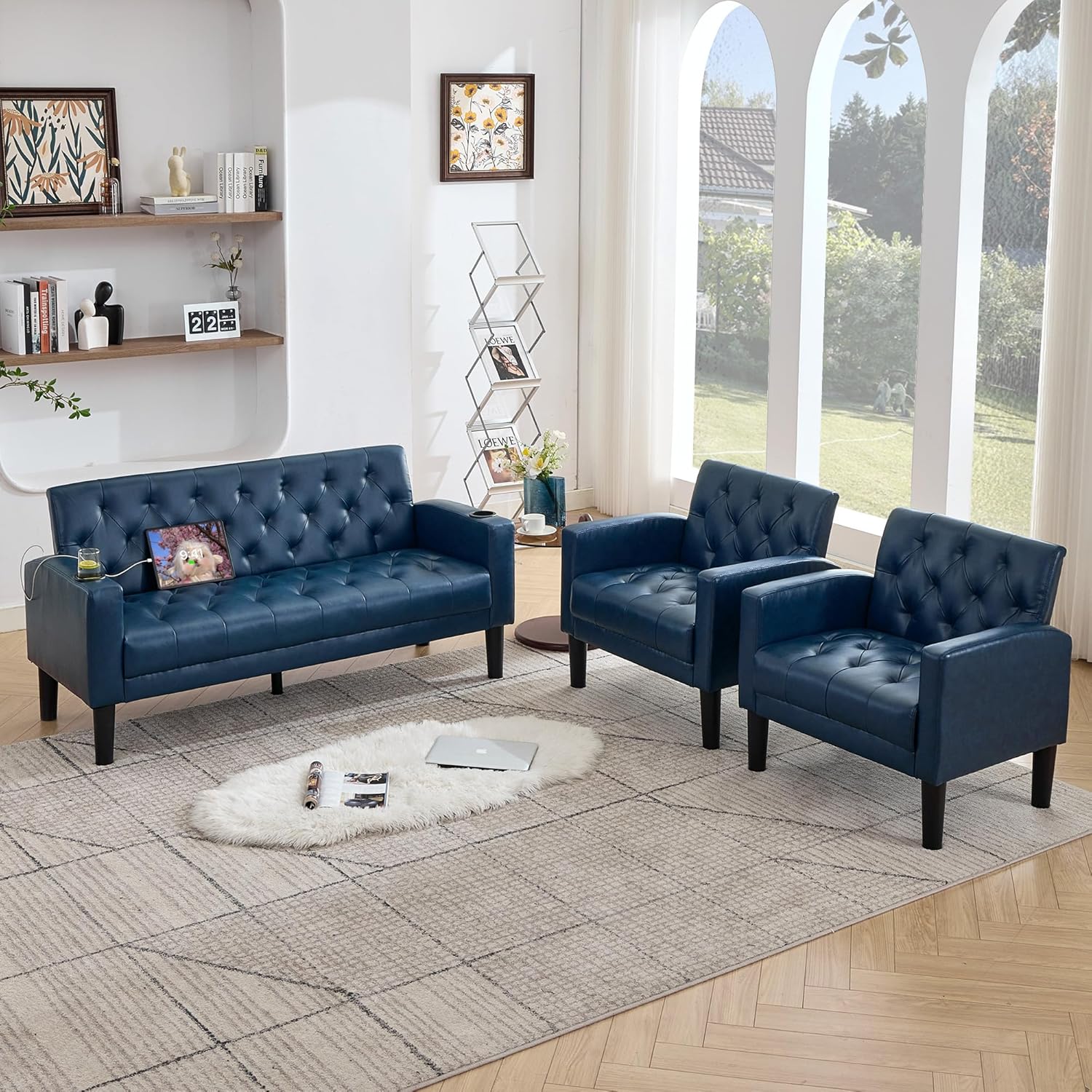 TYBOATLE 62" W Leather Loveseat w/Chairs (3, Blue)