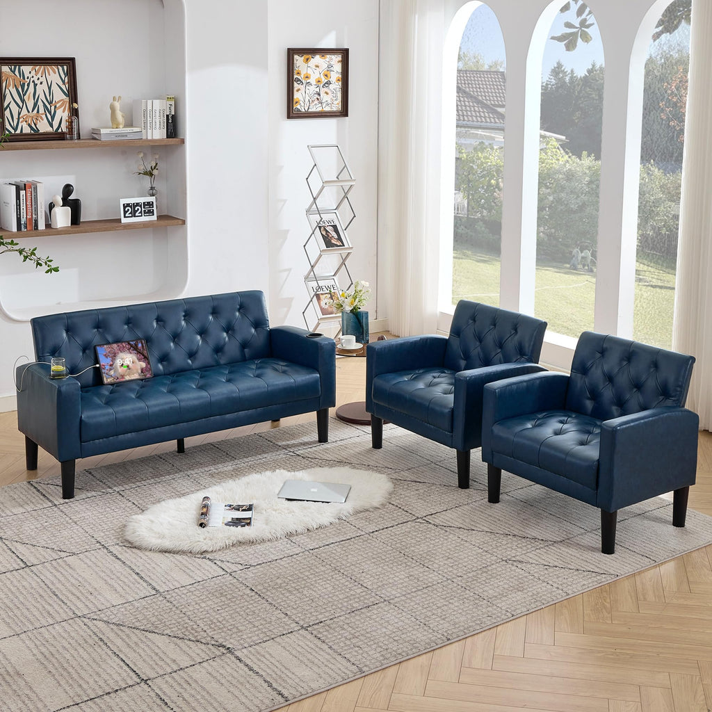 Blue 3-Piece Loveseat Sofa Set with 2 Chairs and USB, Living Room Furniture