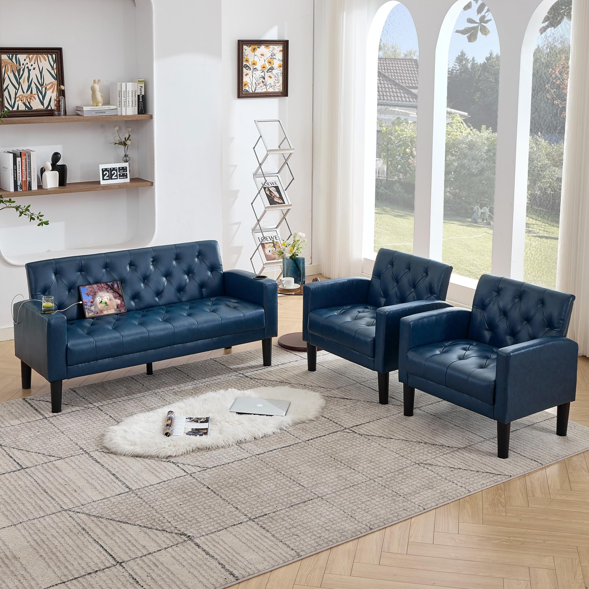 Blue 3-Piece Loveseat Sofa Set with 2 Chairs and USB, Living Room Furniture