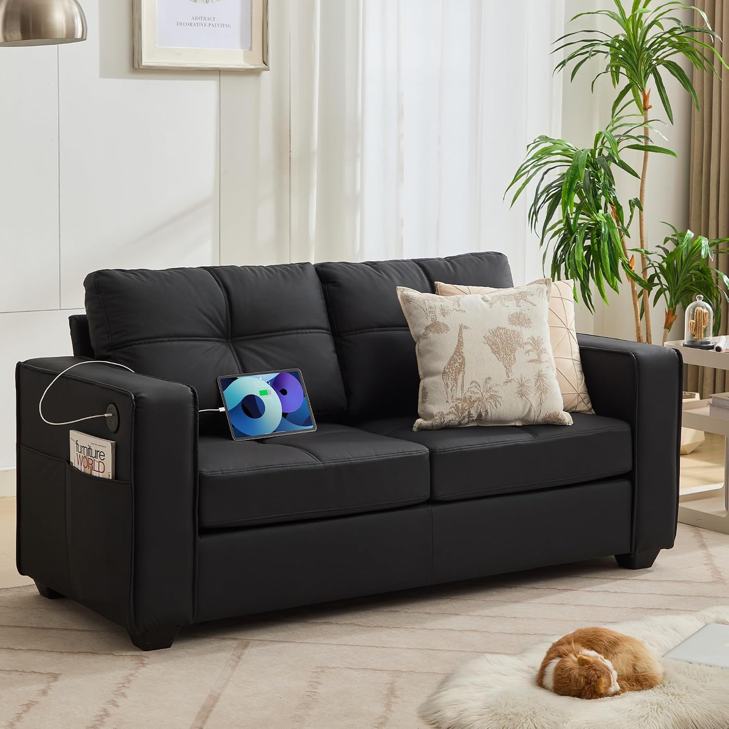 65'' Black Faux Leather Loveseat with USB, 2-Seater Living Room