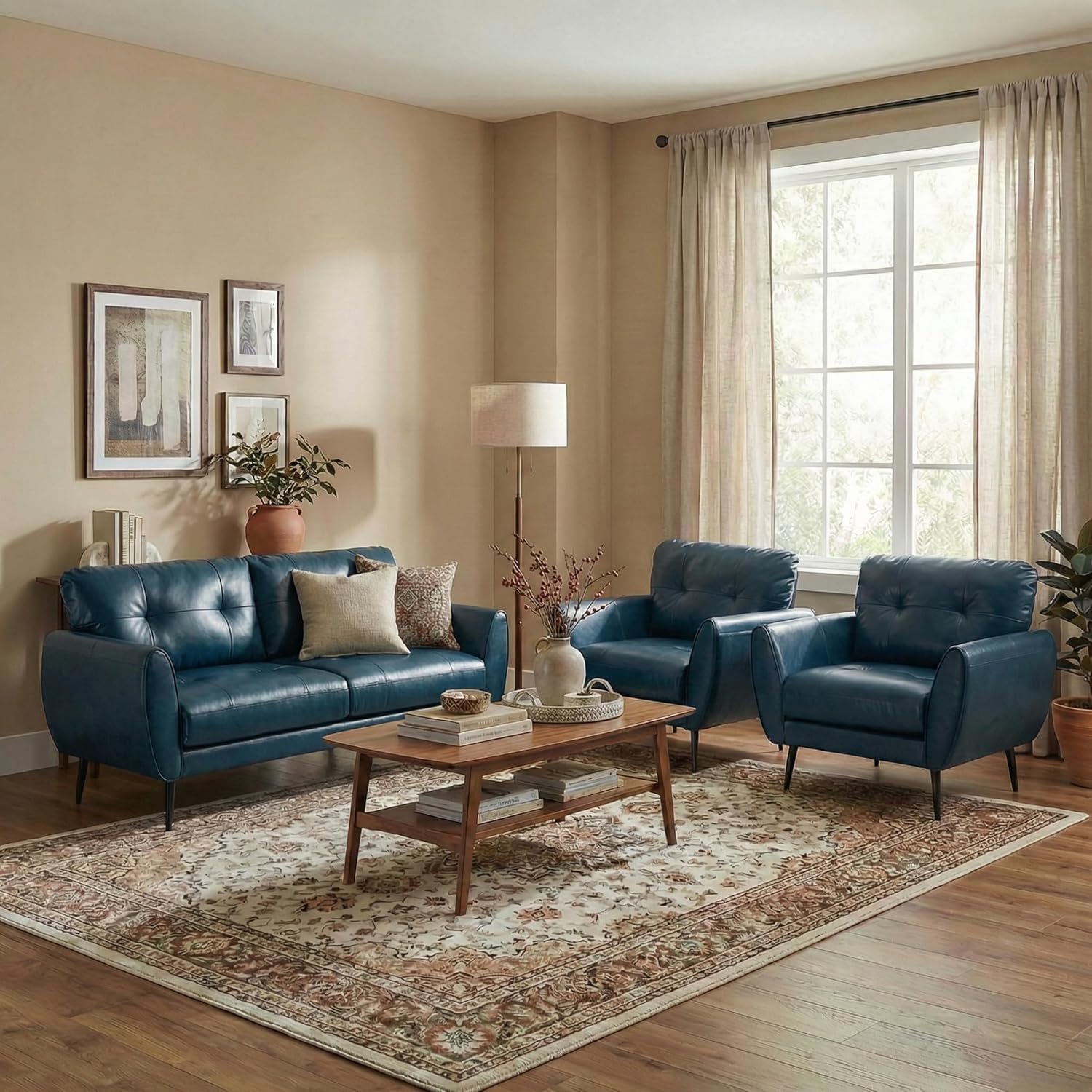 TYBOATLE 3 Piece Furniture Sets, Small Loveseat for Living Room, Blue Faux Leather Couch Mid Century Modern Tufted Mini Sofa Comfy Office 2 Seat Love Seat for Small Spaces Bedroom