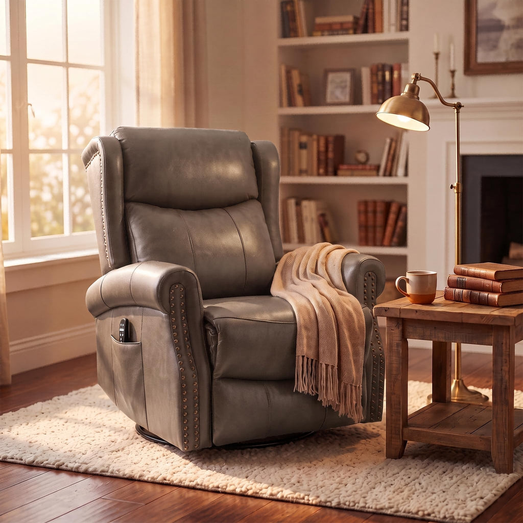 HOPUBUY Vintage Genuine Leather Recliner Chair,Luxury Executive Office,Taupe Brown 360° Swivel Glider, 8‑Point Vibration Massage Lumbar Heat, 155° Push‑Back Recliner,Business Lounge for Home and Study