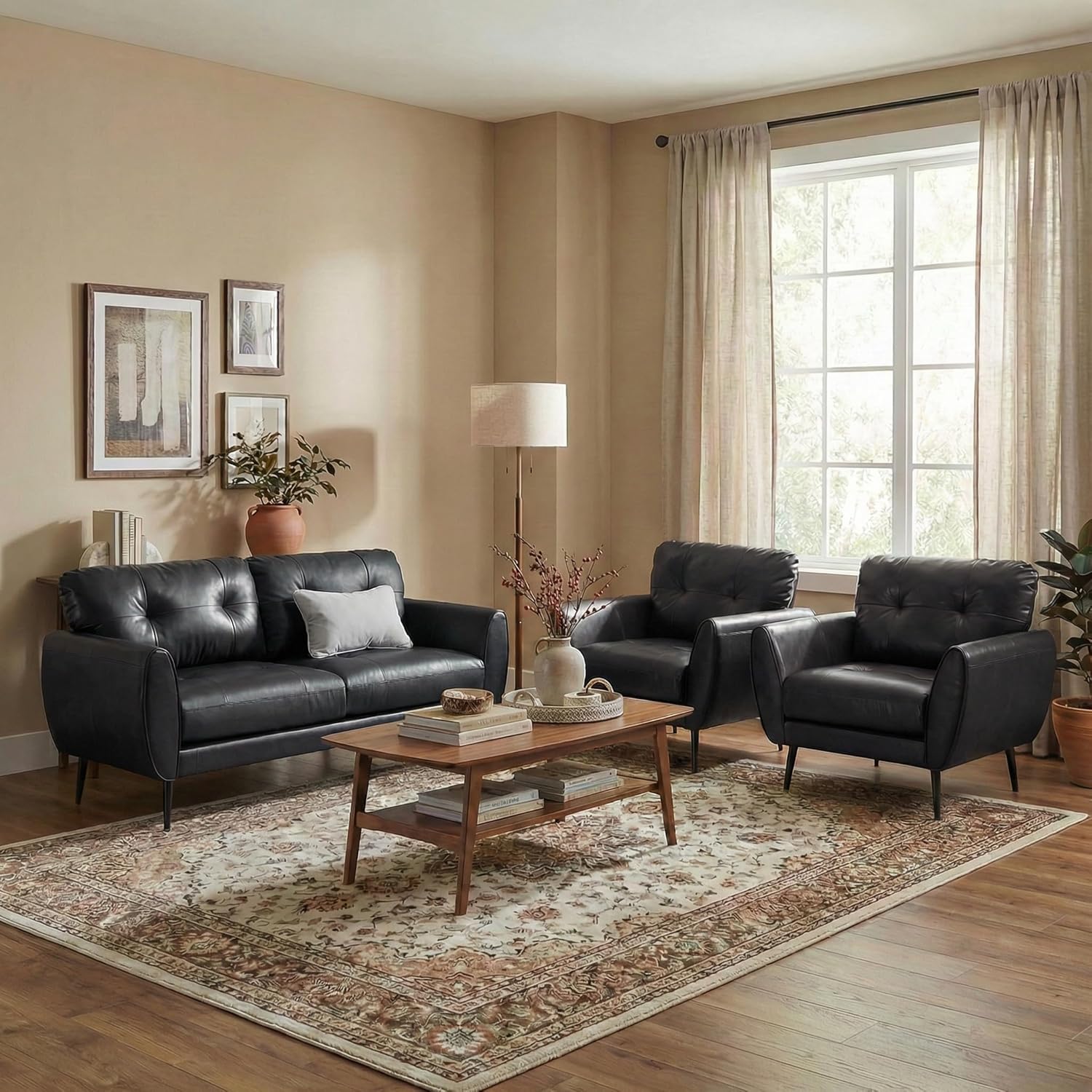 TYBOATLE 3 Piece Furniture Sets, Small Loveseat for Living Room, Black Faux Leather Couch Mid Century Modern Tufted Mini Sofa Comfy Office 2 Seat Love Seat for Small Spaces Bedroom
