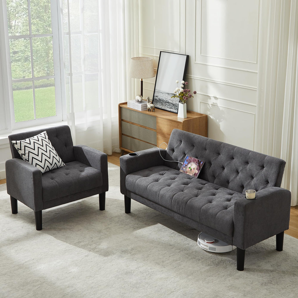 TYBOATLE 62‘‘ 2 Piece Sofa Sets with Loveseat and Chairs, Upholstered Small Couch Set for Living Room, Bedroom or Apartment, Compact Loveseat with Chairs for Small Spaces, Dark Grey
