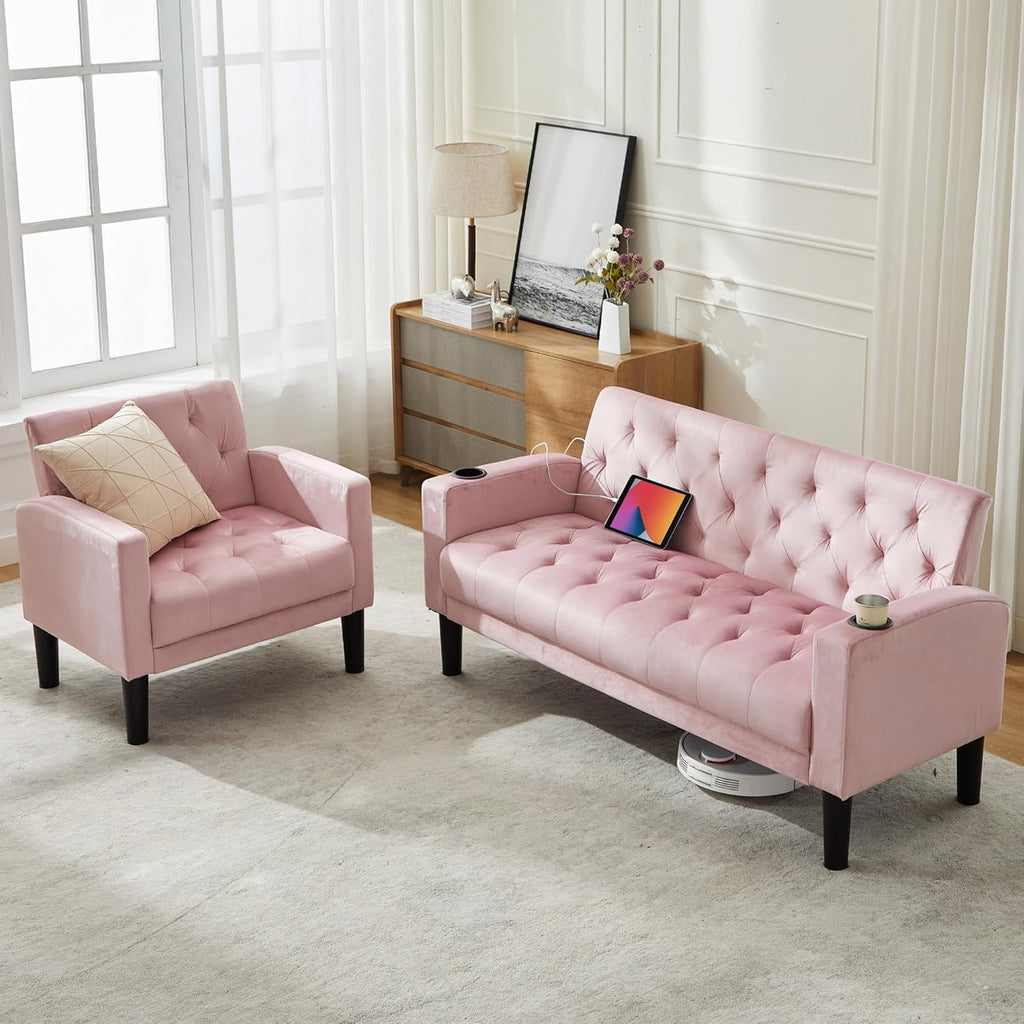 TYBOATLE 62‘‘ 2 Piece Sofa Sets with Loveseat and Chairs, Upholstered Small Couch Set for Living Room, Bedroom or Apartment, Compact Loveseat with Chairs for Small Spaces, Pink