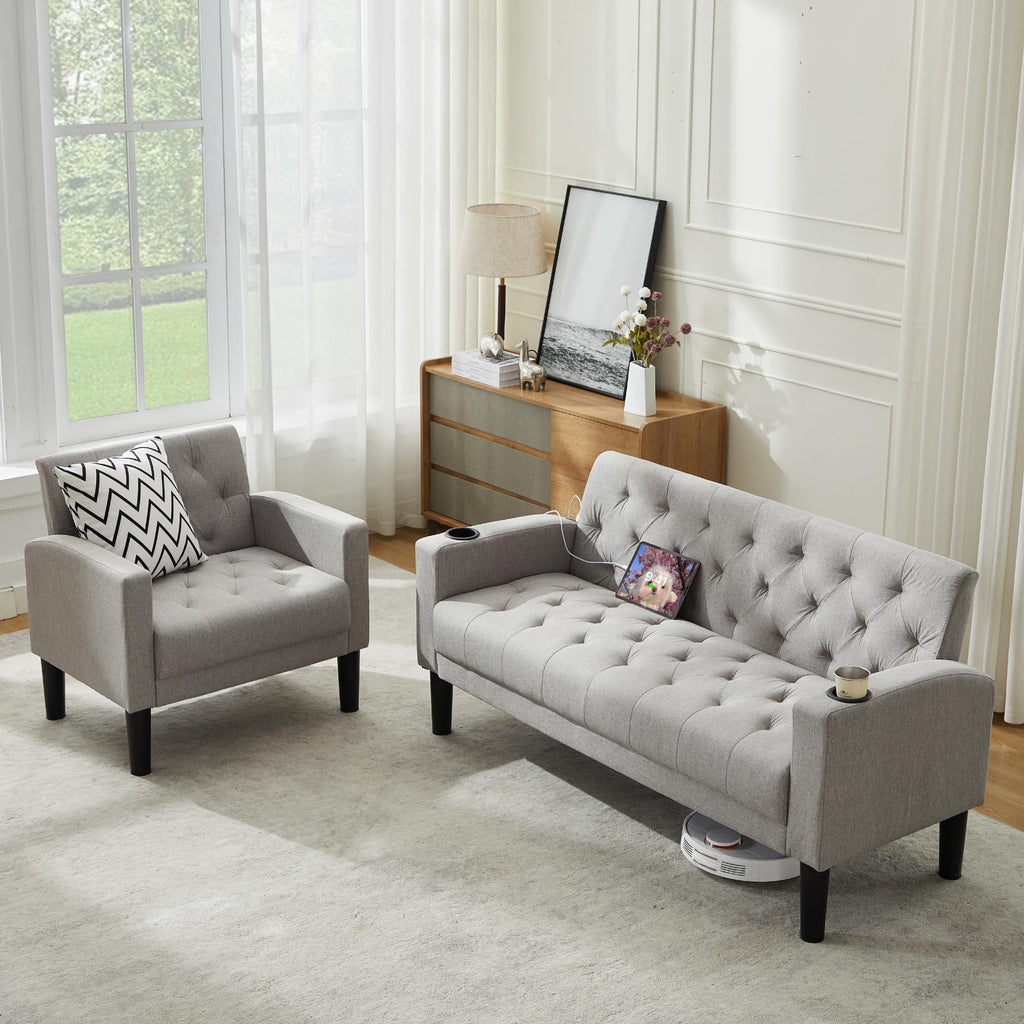 TYBOATLE 62‘‘ 2 Piece Sofa Sets with Loveseat and Chairs, Upholstered Small Couch Set for Living Room, Bedroom or Apartment, Compact Loveseat with Chairs for Small Spaces, Light Grey