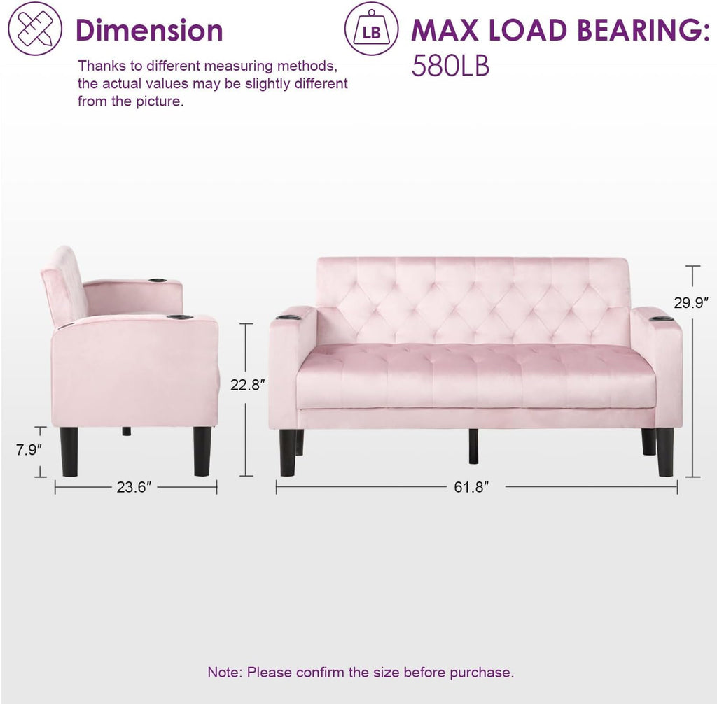 TYBOATLE 62‘‘ 2 Piece Sofa Sets with Loveseat and Chairs, Upholstered Small Couch Set for Living Room, Bedroom or Apartment, Compact Loveseat with Chairs for Small Spaces, Pink