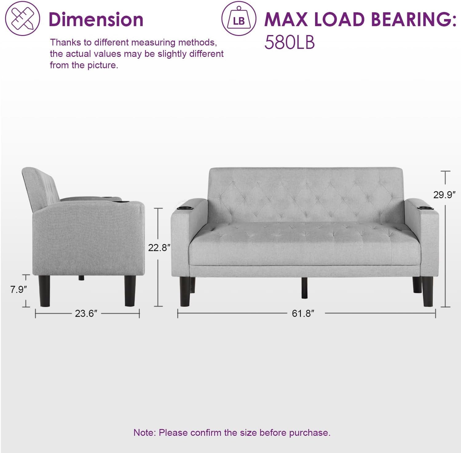 TYBOATLE 62‘‘ 2 Piece Sofa Sets with Loveseat and Chairs, Upholstered Small Couch Set for Living Room, Bedroom or Apartment, Compact Loveseat with Chairs for Small Spaces, Light Grey