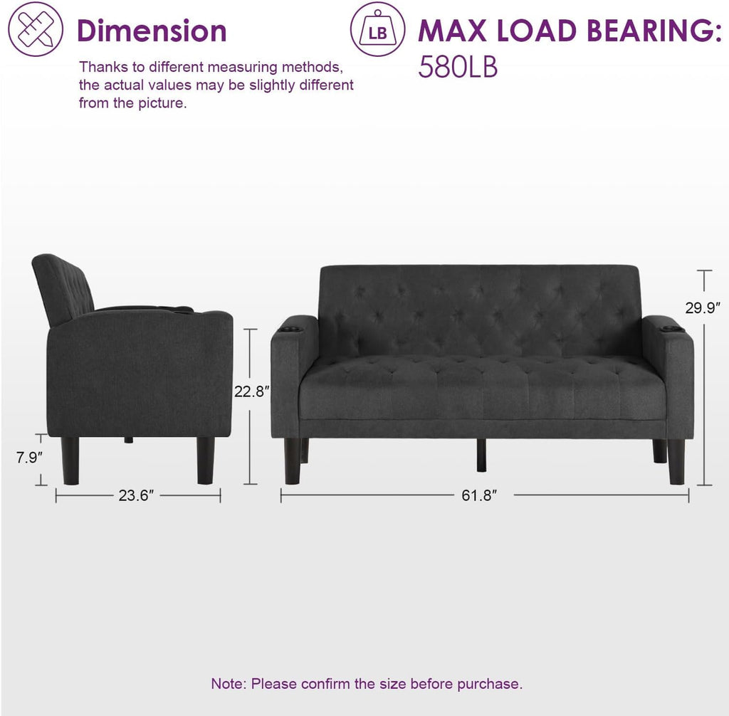 TYBOATLE 62‘‘ 2 Piece Sofa Sets with Loveseat and Chairs, Upholstered Small Couch Set for Living Room, Bedroom or Apartment, Compact Loveseat with Chairs for Small Spaces, Dark Grey