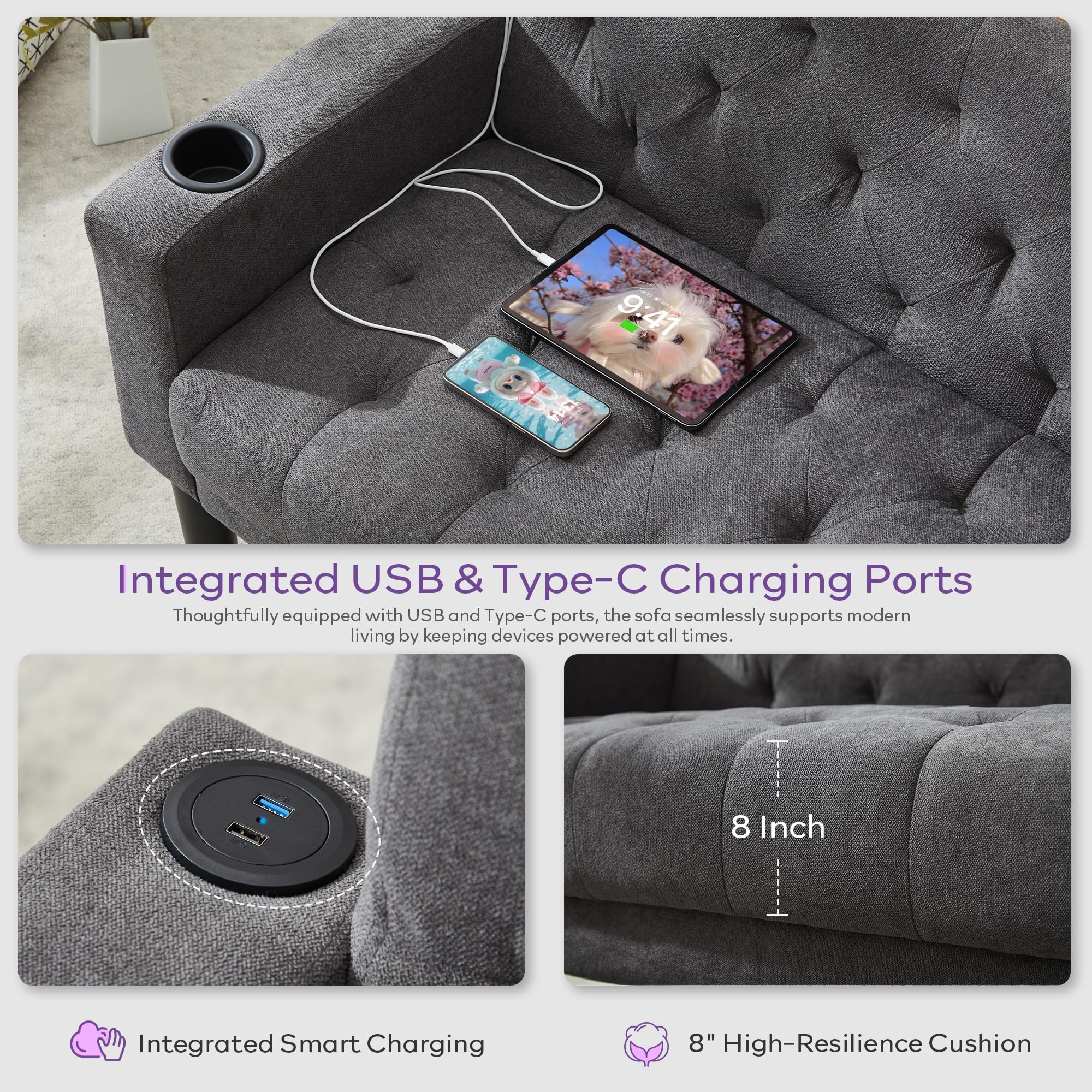 TYBOATLE 62" W Loveseat Sofa w/ 2 USB Charger Ports and 2 Cupholders, Mid-Century Modern Tufted Linen Fabric Small Love Seat Couches for Compact Living Room, Bedroom, Apartment, Dorm