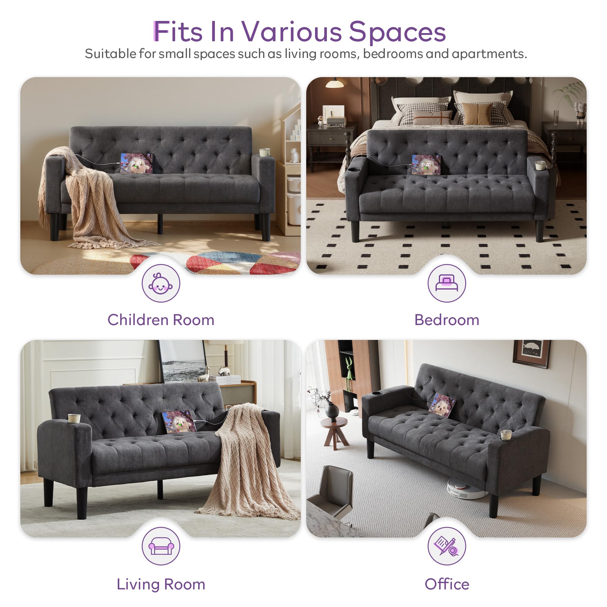 TYBOATLE 62‘‘ 2 Piece Sofa Sets with Loveseat and Chairs, Upholstered Small Couch Set for Living Room, Bedroom or Apartment, Compact Loveseat with Chairs for Small Spaces, Dark Grey