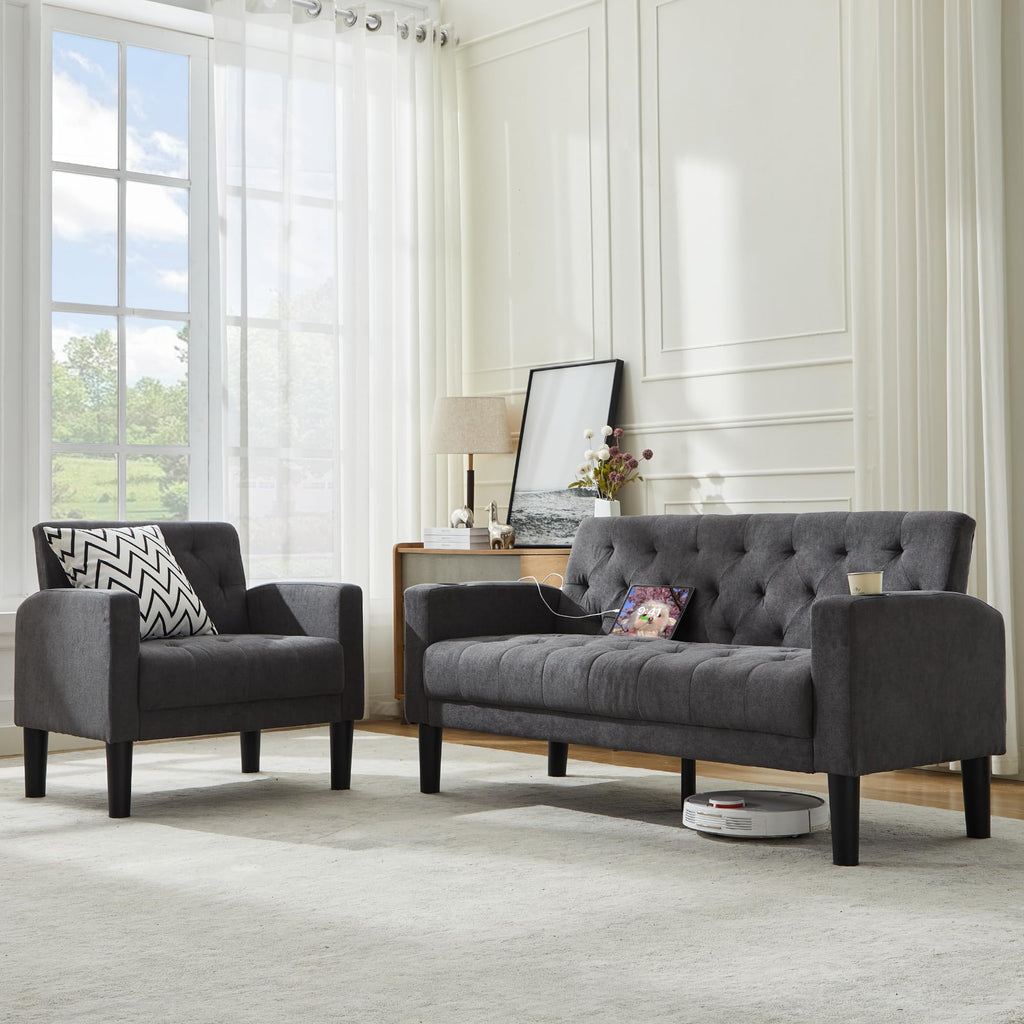 TYBOATLE 62‘‘ 2 Piece Sofa Sets with Loveseat and Chairs, Upholstered Small Couch Set for Living Room, Bedroom or Apartment, Compact Loveseat with Chairs for Small Spaces, Dark Grey