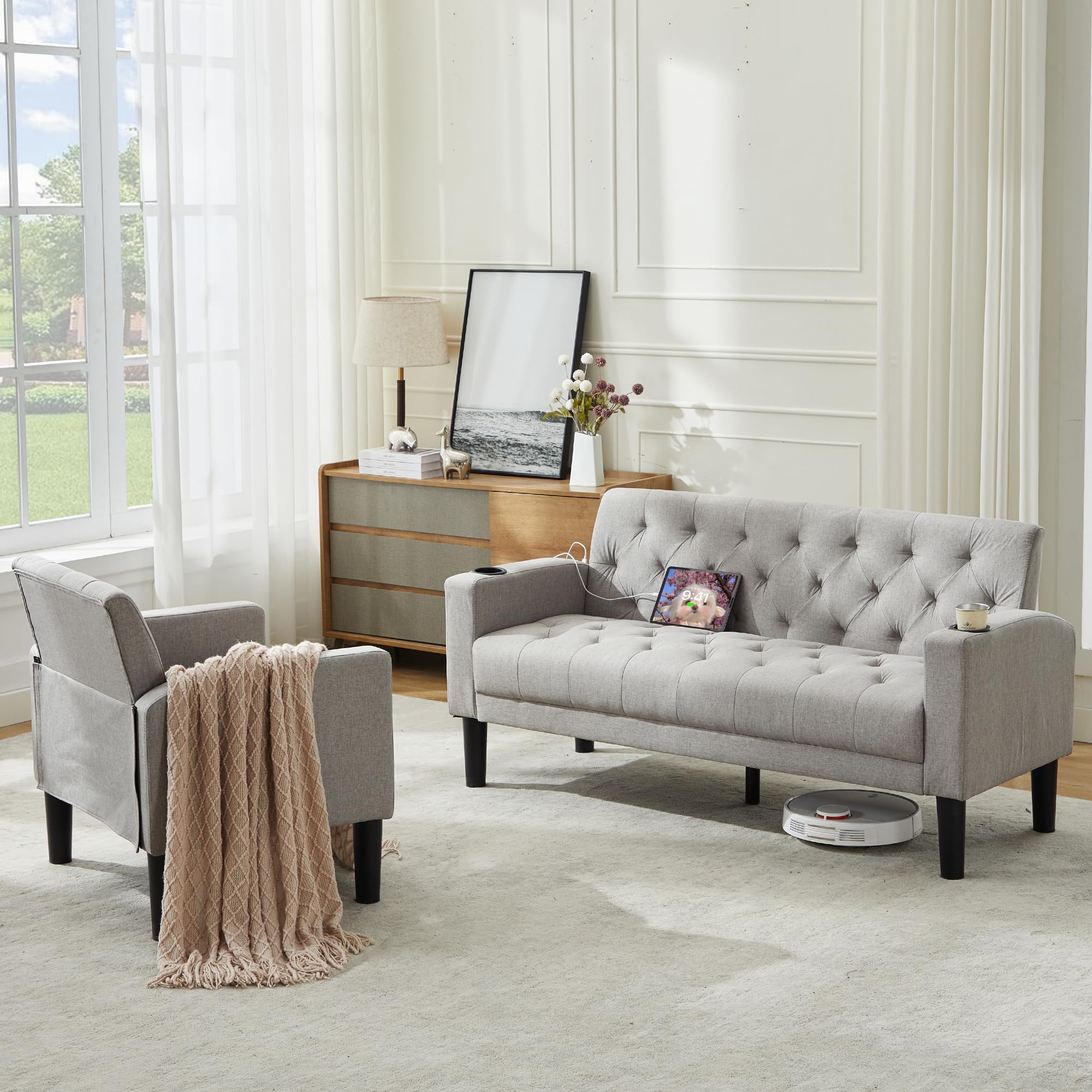 TYBOATLE 62‘‘ 2 Piece Sofa Sets with Loveseat and Chairs, Upholstered Small Couch Set for Living Room, Bedroom or Apartment, Compact Loveseat with Chairs for Small Spaces, Light Grey
