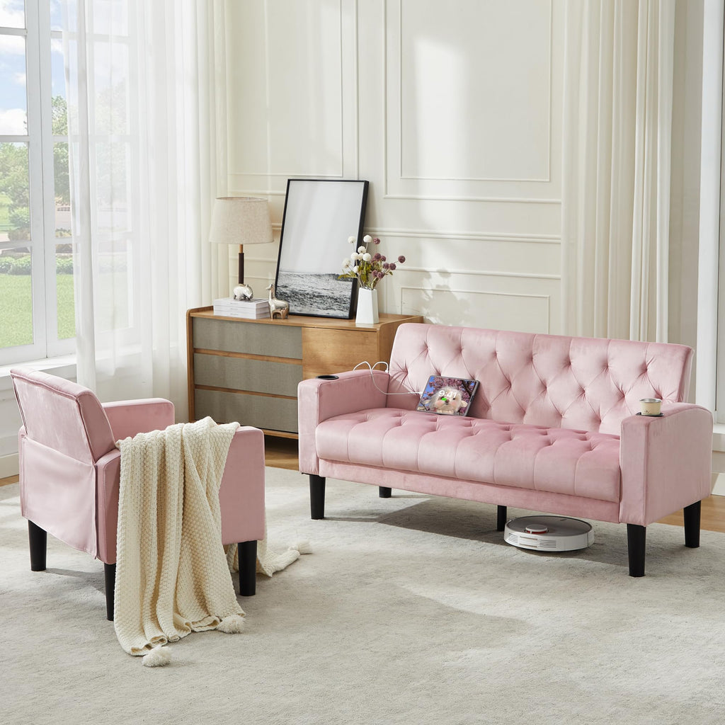 TYBOATLE 62‘‘ 2 Piece Sofa Sets with Loveseat and Chairs, Upholstered Small Couch Set for Living Room, Bedroom or Apartment, Compact Loveseat with Chairs for Small Spaces, Pink