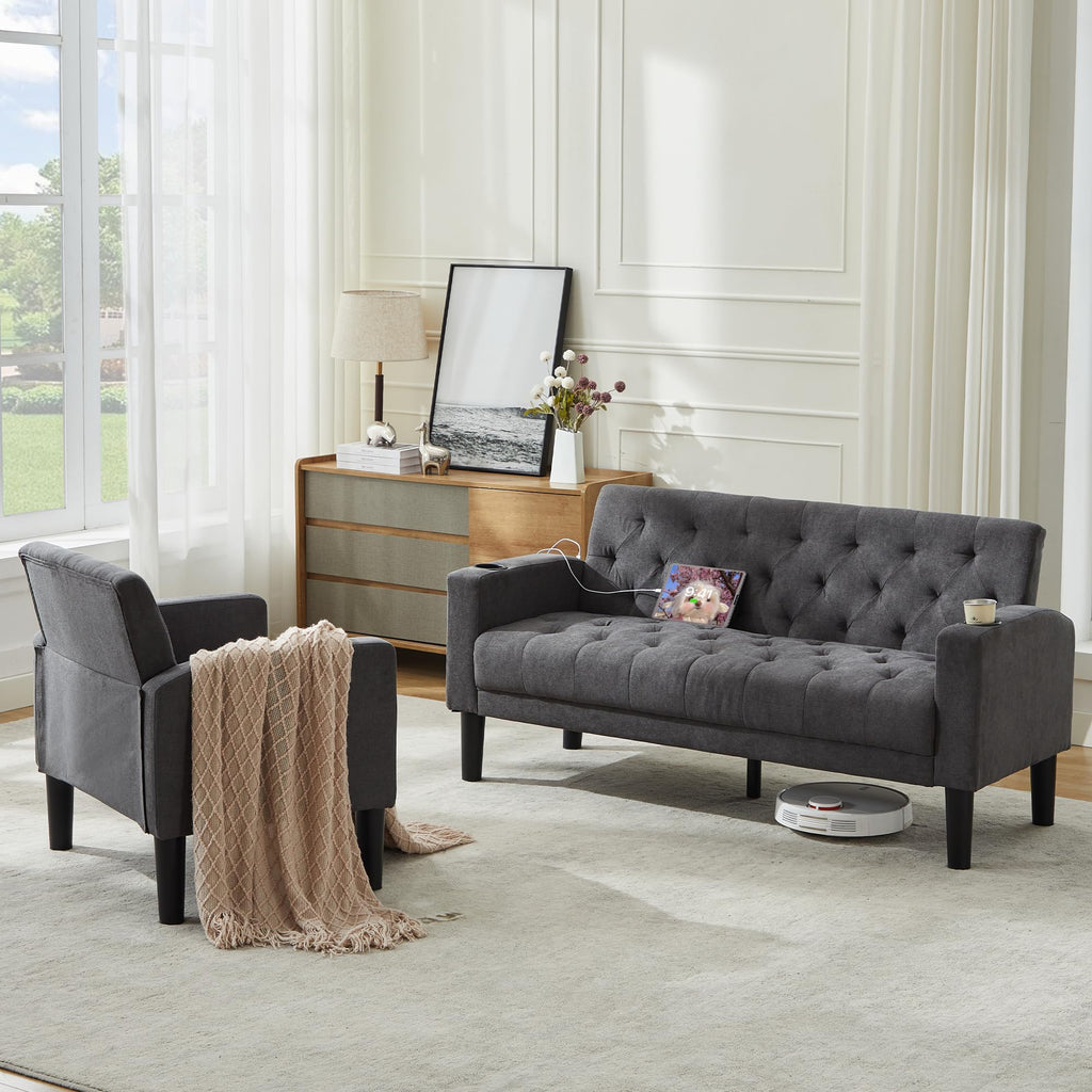 TYBOATLE 62‘‘ 2 Piece Sofa Sets with Loveseat and Chairs, Upholstered Small Couch Set for Living Room, Bedroom or Apartment, Compact Loveseat with Chairs for Small Spaces, Dark Grey
