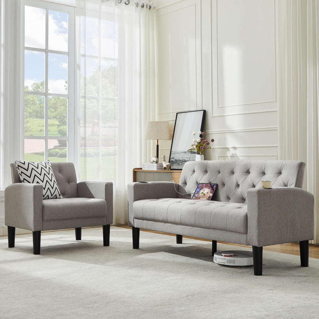 TYBOATLE 62‘‘ 2 Piece Sofa Sets with Loveseat and Chairs, Upholstered Small Couch Set for Living Room, Bedroom or Apartment, Compact Loveseat with Chairs for Small Spaces, Light Grey