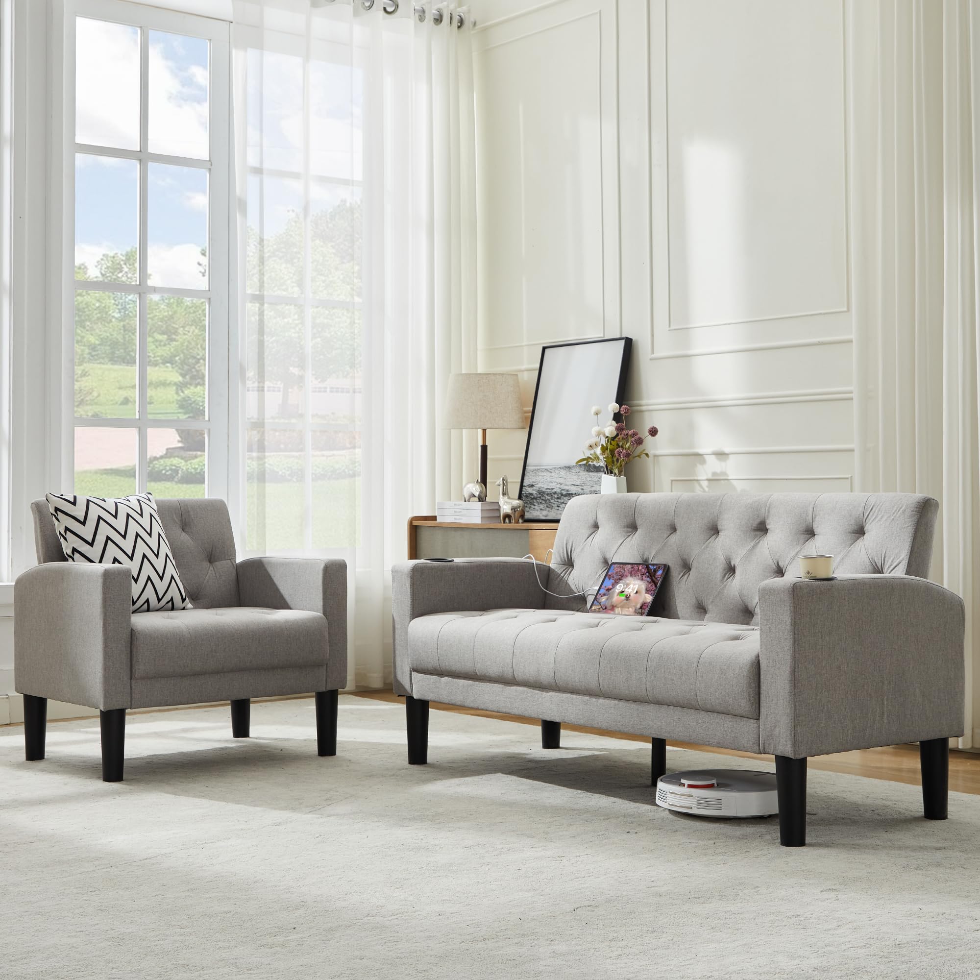 TYBOATLE 62‘‘ 2 Piece Sofa Sets with Loveseat and Chairs, Upholstered Small Couch Set for Living Room, Bedroom or Apartment, Compact Loveseat with Chairs for Small Spaces, Light Grey