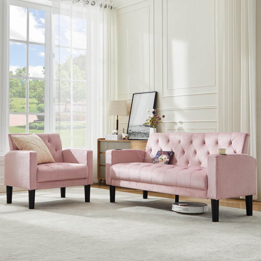 TYBOATLE 62‘‘ 2 Piece Sofa Sets with Loveseat and Chairs, Upholstered Small Couch Set for Living Room, Bedroom or Apartment, Compact Loveseat with Chairs for Small Spaces, Pink