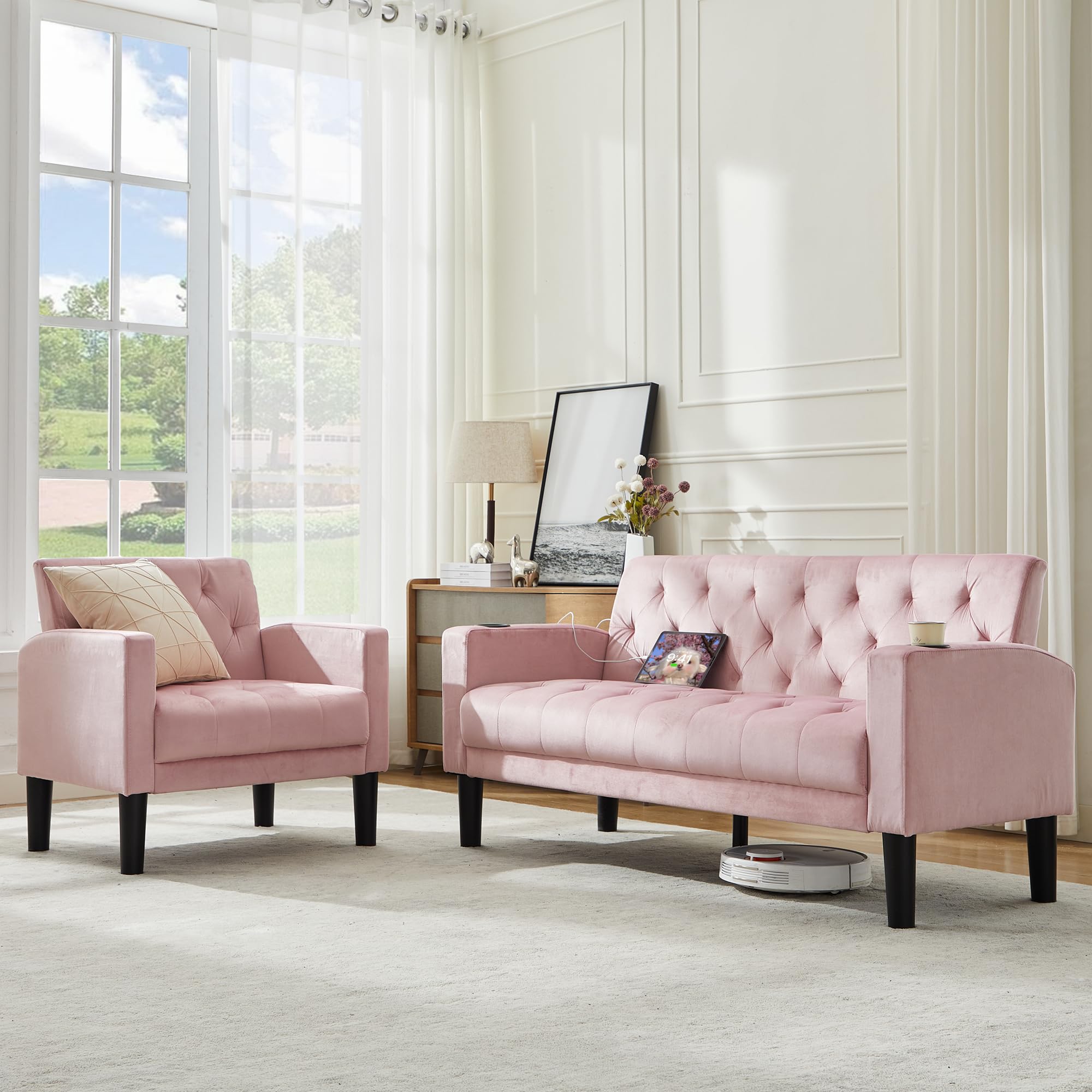 TYBOATLE 62‘‘ 2 Piece Sofa Sets with Loveseat and Chairs, Upholstered Small Couch Set for Living Room, Bedroom or Apartment, Compact Loveseat with Chairs for Small Spaces, Pink