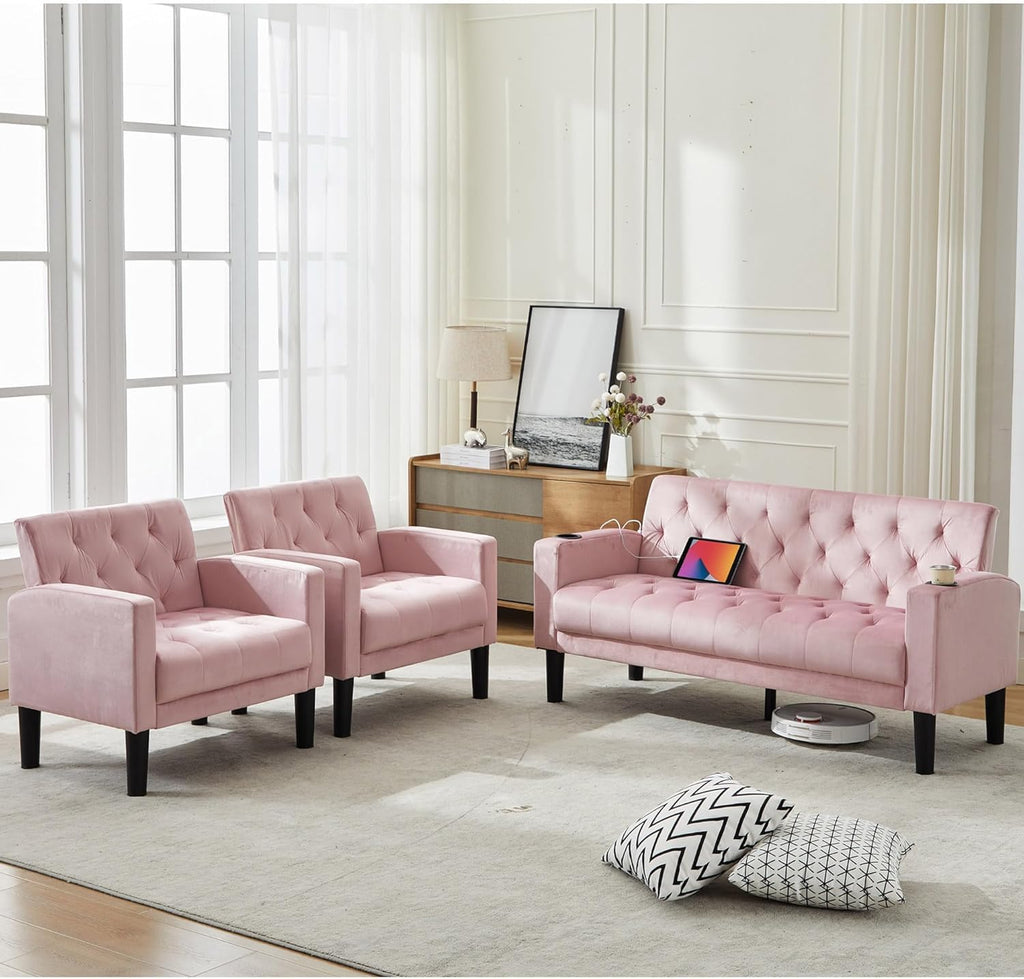TYBOATLE 62‘‘ 3 Piece Sofa Sets with Loveseat and Chairs, Upholstered Small Couch Set for Living Room, Bedroom or Apartment, Compact Loveseat with Chairs for Small Spaces, Pink