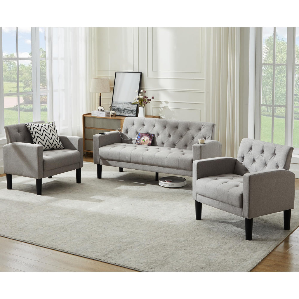 TYBOATLE 62‘‘ 3 Piece Sofa Sets with Loveseat and Chairs, Upholstered Small Couch Set for Living Room, Bedroom or Apartment, Compact Loveseat with Chairs for Small Spaces, Light Grey