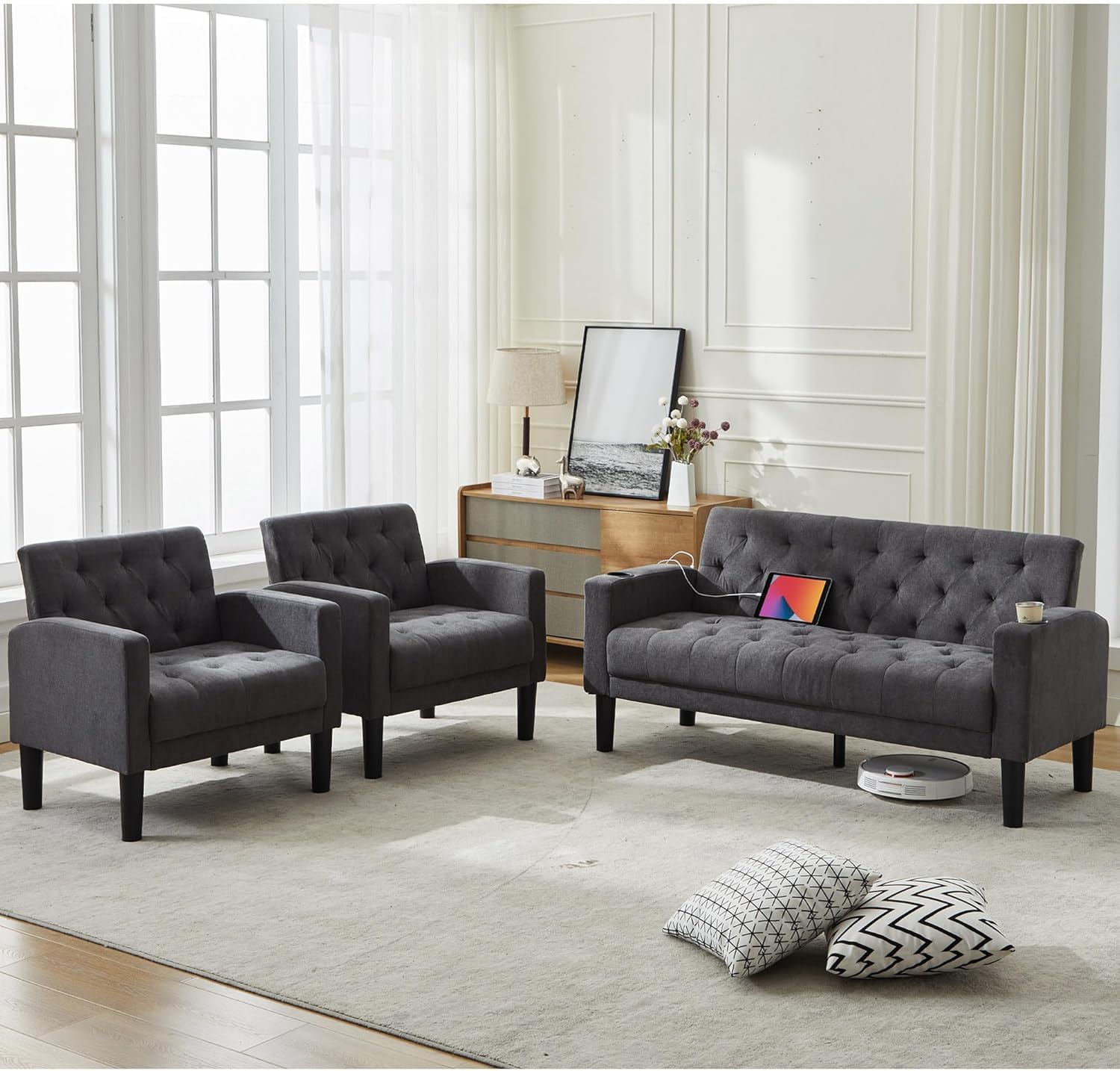 TYBOATLE Mid-Century Modern Tufted Loveseat Sofa Set w/ 2 USB & 2 Cupholders, 3 Piece Living Room Furniture Sets, Small Love Seat Couches for Small Space Apartment Bedroom Office