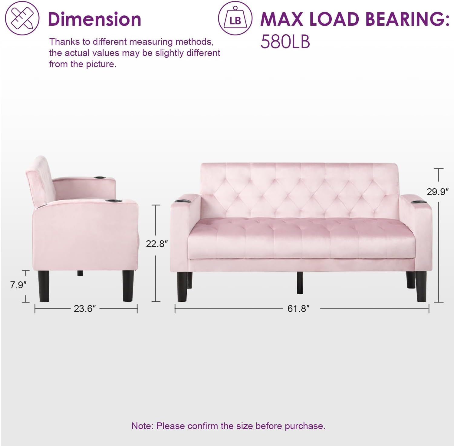 TYBOATLE 62‘‘ 3 Piece Sofa Sets with Loveseat and Chairs, Upholstered Small Couch Set for Living Room, Bedroom or Apartment, Compact Loveseat with Chairs for Small Spaces, Pink