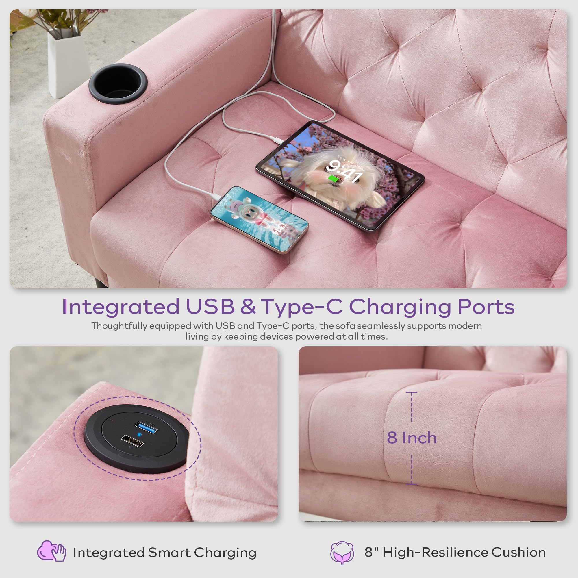 TYBOATLE 62‘‘ 3 Piece Sofa Sets with Loveseat and Chairs, Upholstered Small Couch Set for Living Room, Bedroom or Apartment, Compact Loveseat with Chairs for Small Spaces, Pink