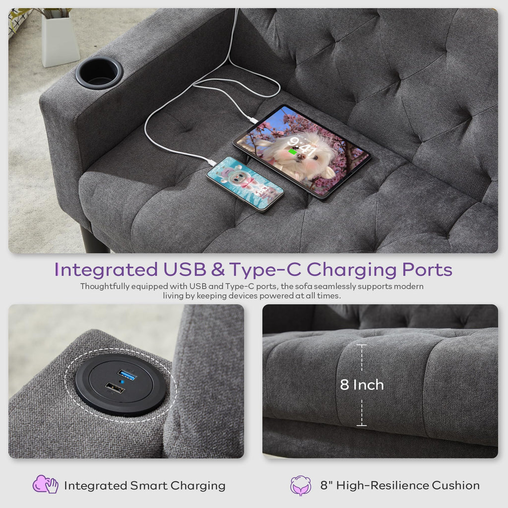 TYBOATLE Mid-Century Modern Tufted Loveseat Sofa Set w/ 2 USB & 2 Cupholders, 3 Piece Living Room Furniture Sets, Small Love Seat Couches for Small Space Apartment Bedroom Office