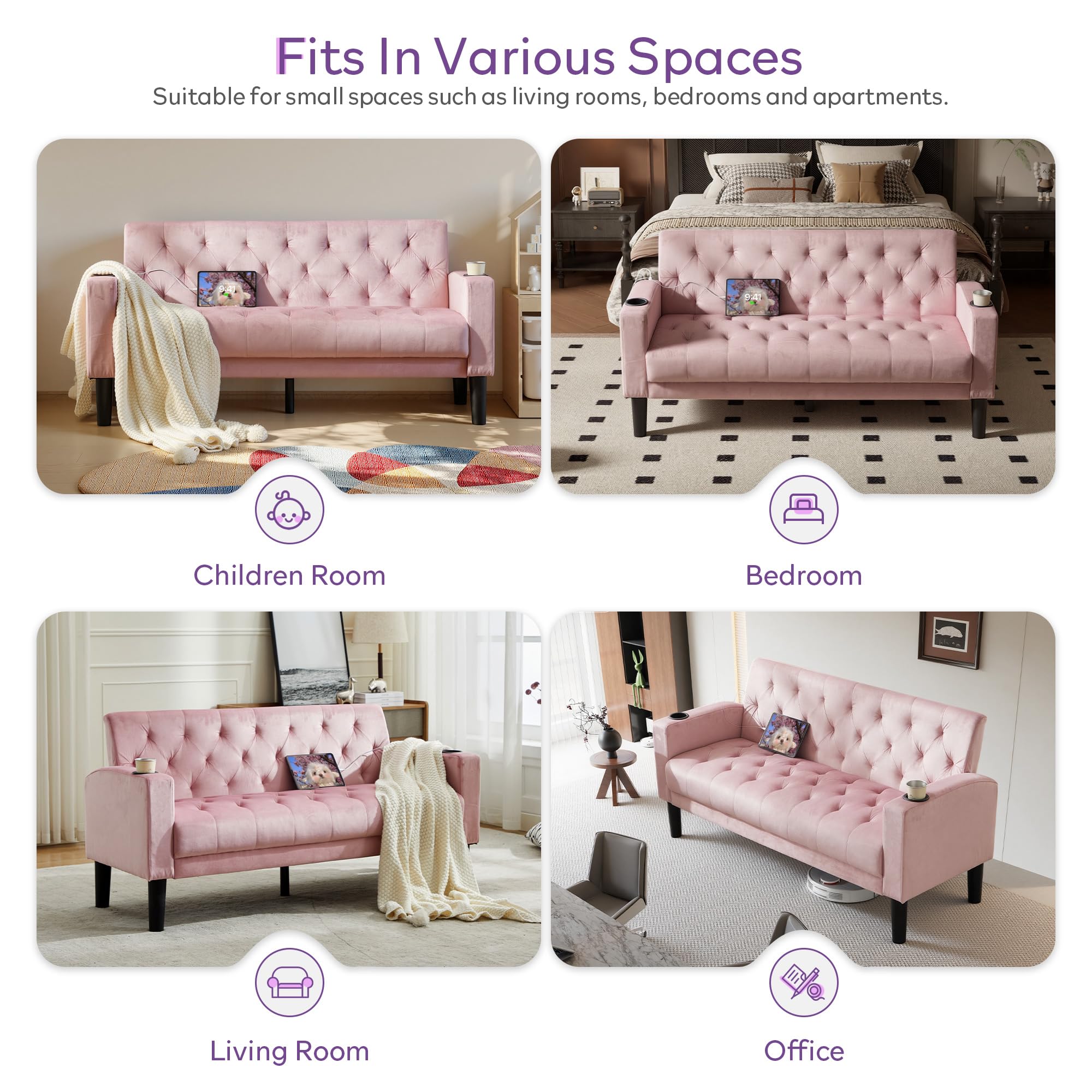 TYBOATLE 62‘‘ 3 Piece Sofa Sets with Loveseat and Chairs, Upholstered Small Couch Set for Living Room, Bedroom or Apartment, Compact Loveseat with Chairs for Small Spaces, Pink
