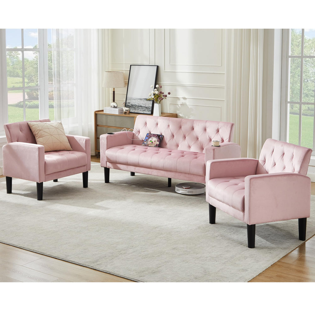 TYBOATLE 62‘‘ 3 Piece Sofa Sets with Loveseat and Chairs, Upholstered Small Couch Set for Living Room, Bedroom or Apartment, Compact Loveseat with Chairs for Small Spaces, Pink