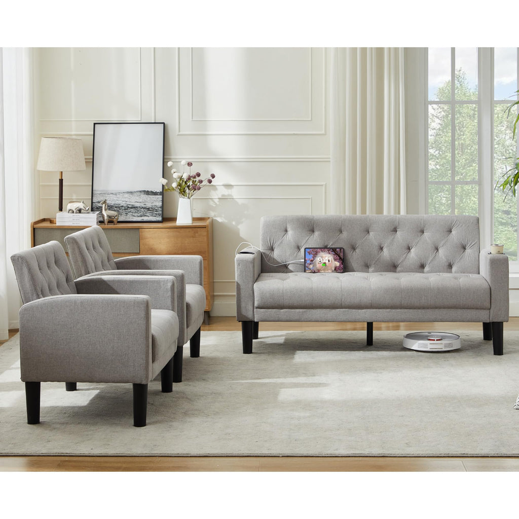 TYBOATLE 62‘‘ 3 Piece Sofa Sets with Loveseat and Chairs, Upholstered Small Couch Set for Living Room, Bedroom or Apartment, Compact Loveseat with Chairs for Small Spaces, Light Grey