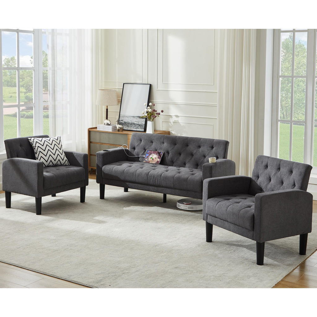 TYBOATLE Mid-Century Modern Tufted Loveseat Sofa Set w/ 2 USB & 2 Cupholders, 3 Piece Living Room Furniture Sets, Small Love Seat Couches for Small Space Apartment Bedroom Office