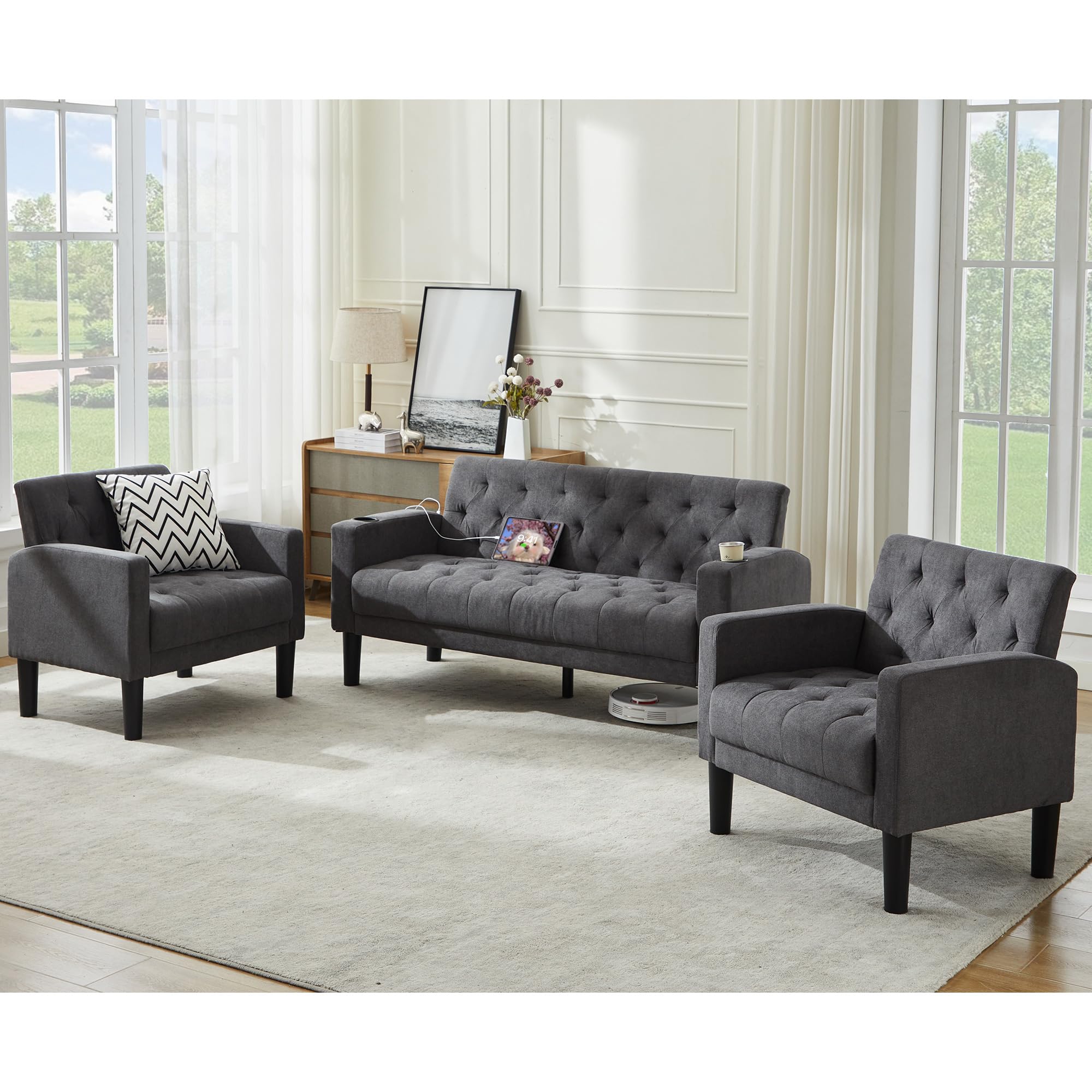 TYBOATLE Mid-Century Modern Tufted Loveseat Sofa Set w/ 2 USB & 2 Cupholders, 3 Piece Living Room Furniture Sets, Small Love Seat Couches for Small Space Apartment Bedroom Office