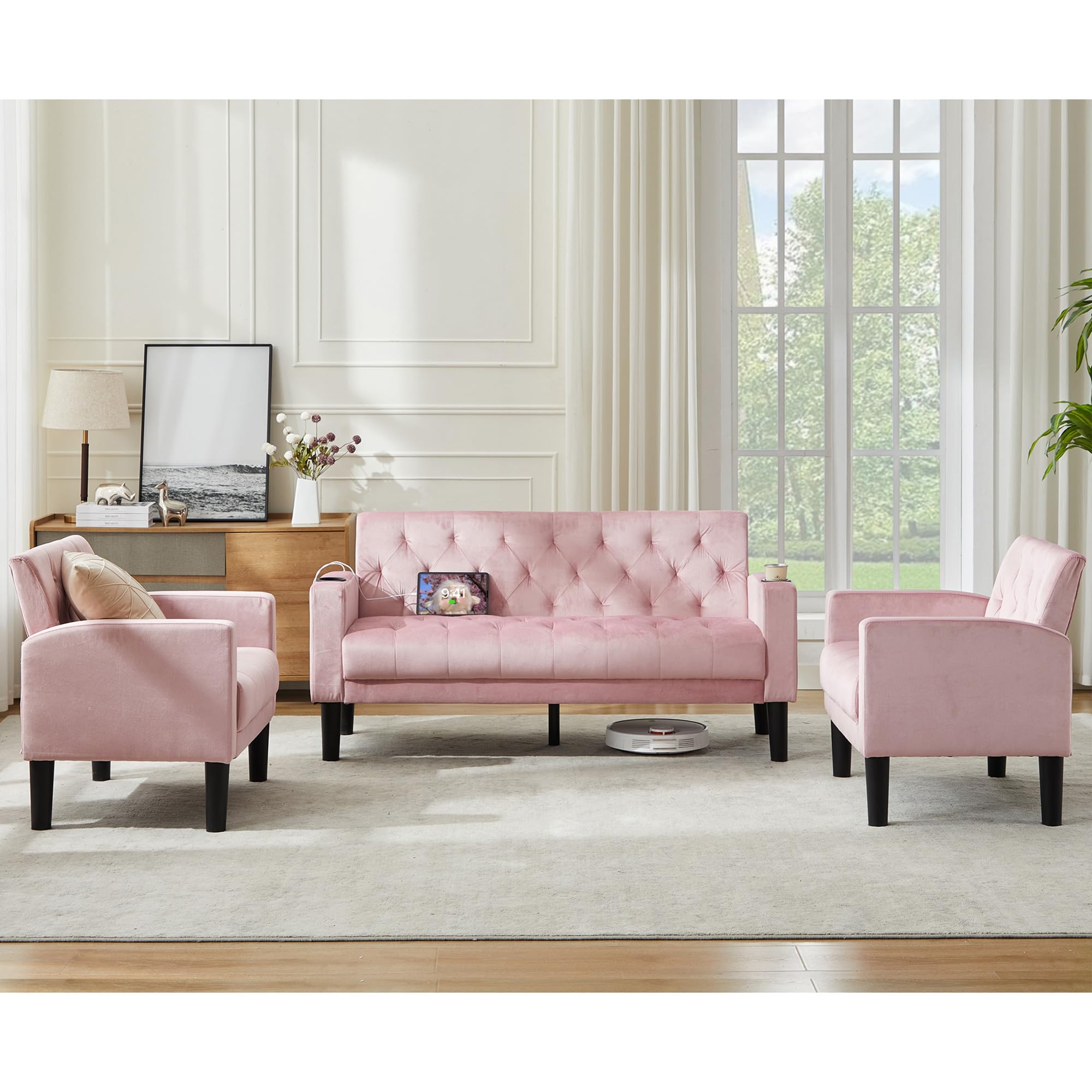 TYBOATLE 62‘‘ 3 Piece Sofa Sets with Loveseat and Chairs, Upholstered Small Couch Set for Living Room, Bedroom or Apartment, Compact Loveseat with Chairs for Small Spaces, Pink