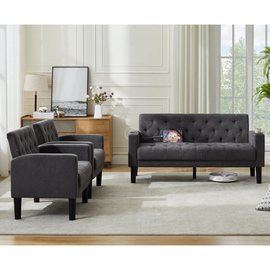 TYBOATLE 62‘‘ 3 Piece Sofa Sets with Loveseat and Chairs, Upholstered Small Couch Set for Living Room, Bedroom or Apartment, Compact Loveseat with Chairs for Small Spaces, Dark Grey