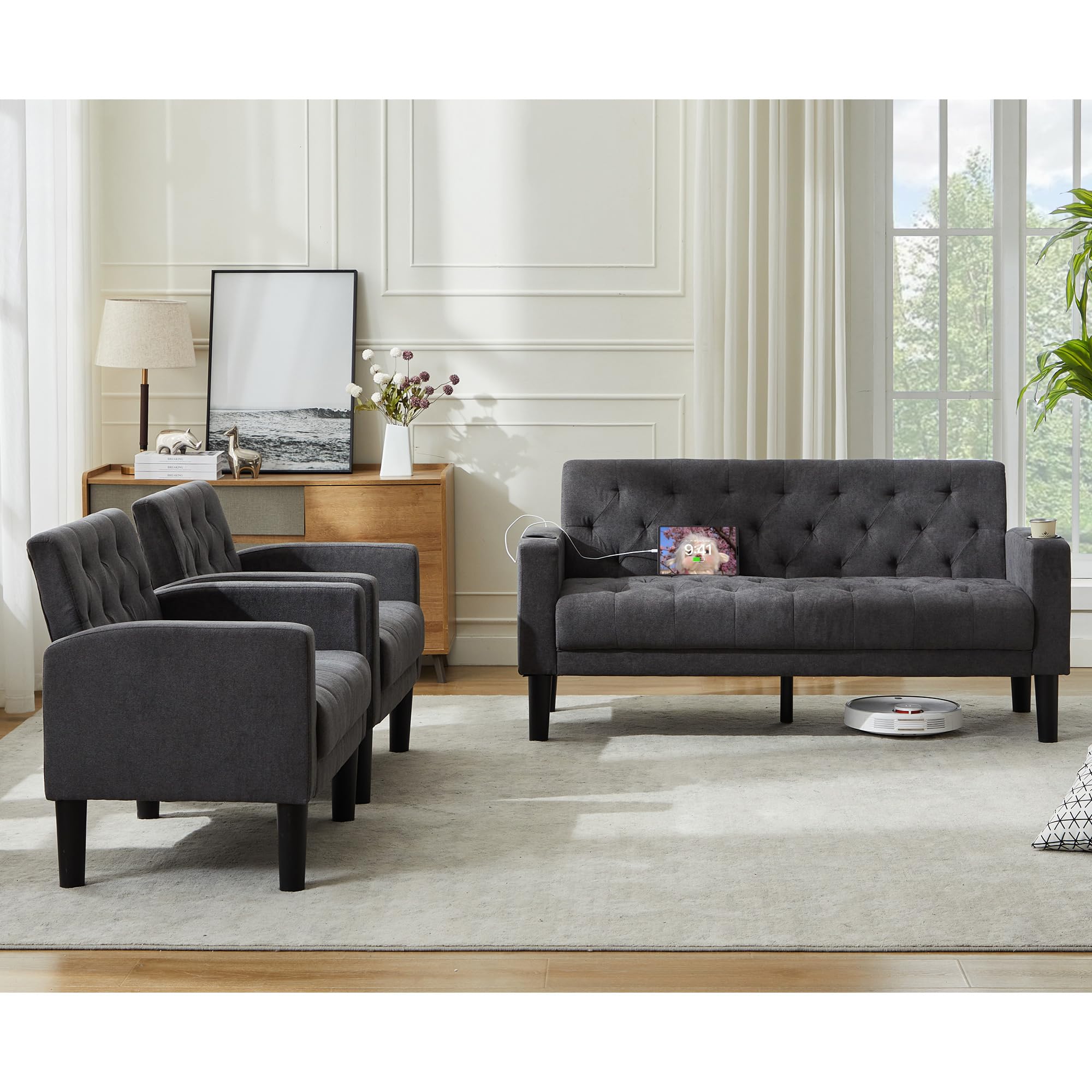 TYBOATLE 62‘‘ 3 Piece Sofa Sets with Loveseat and Chairs, Upholstered Small Couch Set for Living Room, Bedroom or Apartment, Compact Loveseat with Chairs for Small Spaces, Dark Grey