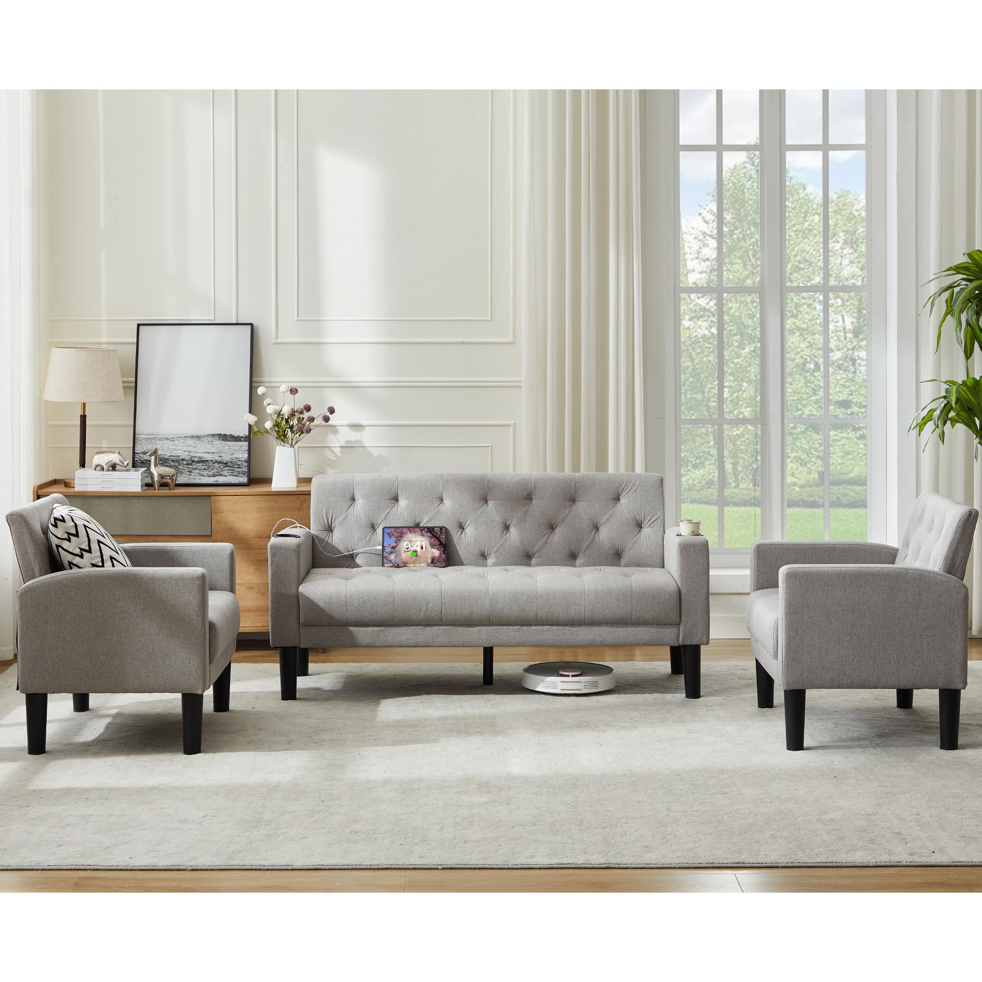 TYBOATLE 62‘‘ 3 Piece Sofa Sets with Loveseat and Chairs, Upholstered Small Couch Set for Living Room, Bedroom or Apartment, Compact Loveseat with Chairs for Small Spaces, Light Grey