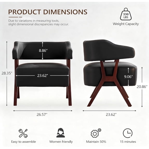 LAZZO Mid-Century Modern Faux Leather Accent Chair with Curved Back and Solid Wood Frame for Living Room and Bedroom, Black