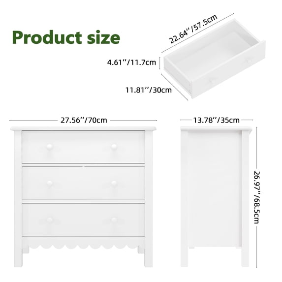 LAZZO 3-Drawer Nightstand, Modern Bedside Table with 2 Sets of Replacement Handles for Bedroom, White