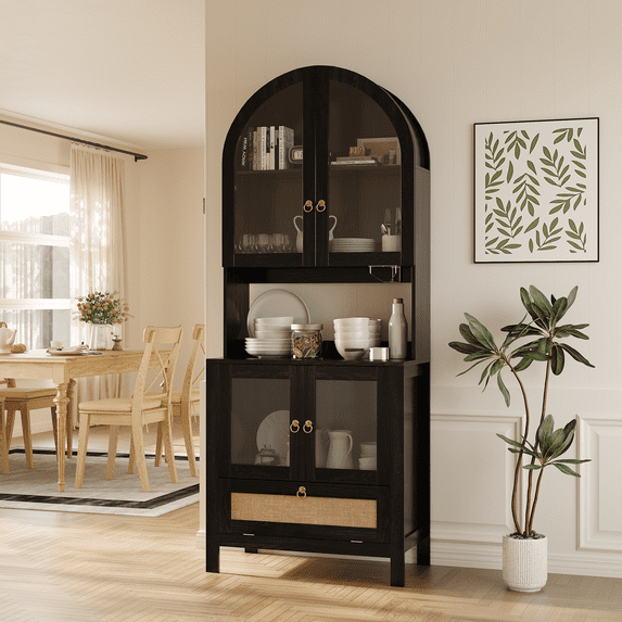 LAZZO 75" Arched Pantry Cabinet with Glass Door & Drawer, Storage Cupboard with Anti-Tipping Device, Black
