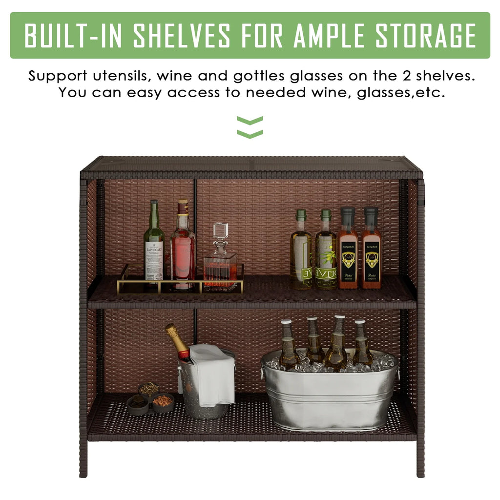 LAZZO 3 Pieces Outdoor Bar Set, Patio Wicker Tiki Bar Set with Height Stools and Islander Tiki Bar for Garden, Dark Brown