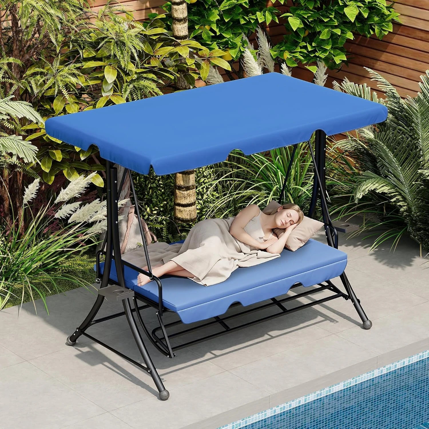LAZZO 3-Seat Outdoor Porch Swing with Stand and Footrest, Reclining Lounge Bed Convertible, Adjustable Canopy & Removable Cushions, Blue